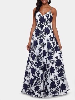 Xscape Navy Floral Spaghetti-Strap Maxi Dress on White